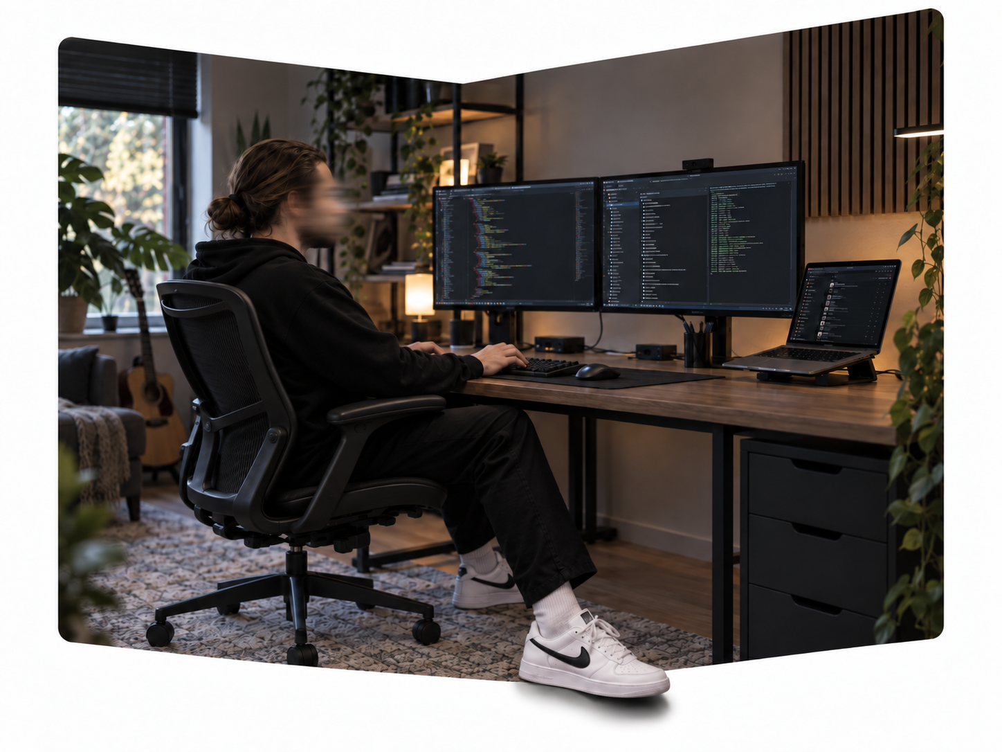 Een digitale maker aan het werk in een lichte studio met meerdere schermen en blauwe accentverlichting